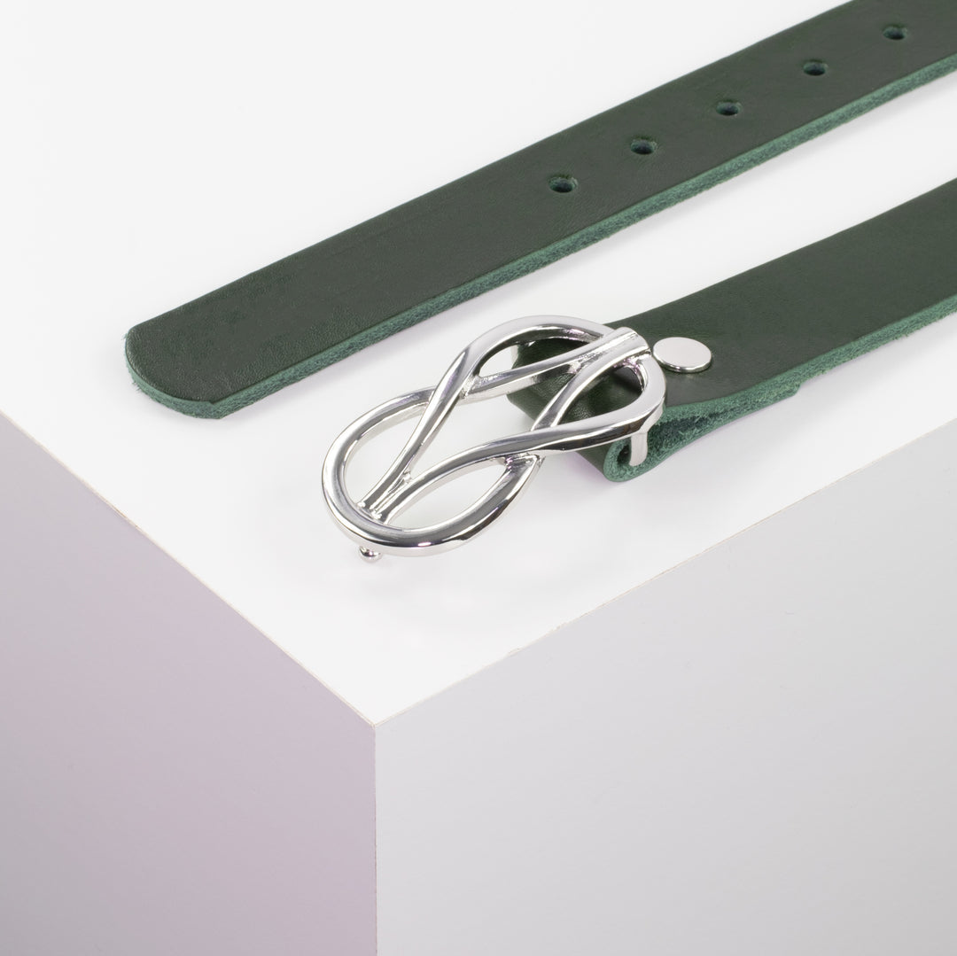 Ledergürtel 3cm mit Schnalle Havanna silber glänzend grün ohne Muster