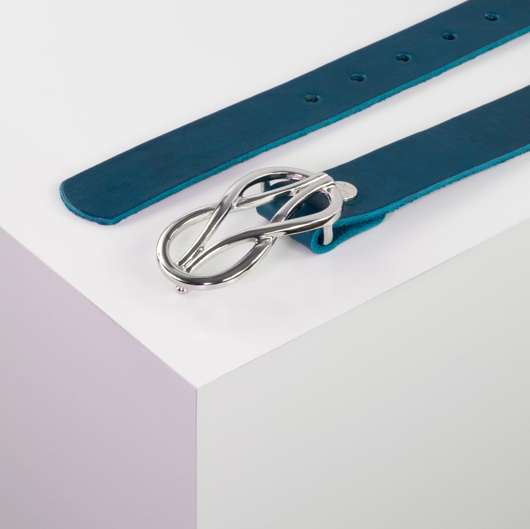 Ledergürtel 3cm mit Schnalle Havanna silber glänzend petrol ohne Muster