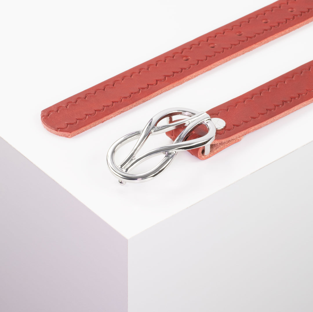 Ledergürtel 3cm mit Schnalle Havanna silber glänzend rot kleine Welle