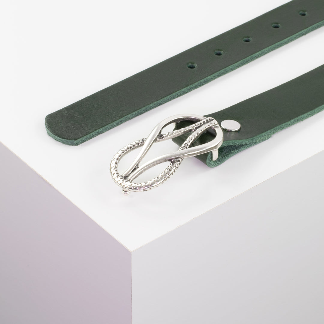 Ledergürtel 3cm mit Schnalle Havanna silber matt grün ohne Muster