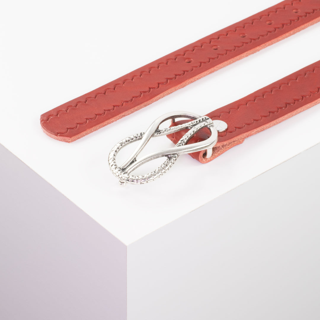Ledergürtel 3cm mit Schnalle Havanna silber matt rot kleine Welle