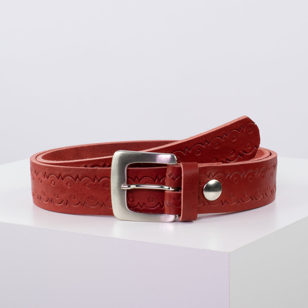 Ledergürtel 3,5cm mit Schnalle Madrid silber glänzend rot Lochwelle
