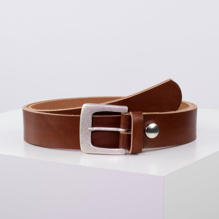 Ledergürtel 3,5cm mit Schnalle Madrid silber matt cognac ohne Muster