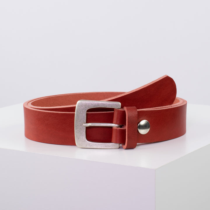 Ledergürtel 3,5cm mit Schnalle Madrid silber matt rot ohne Muster