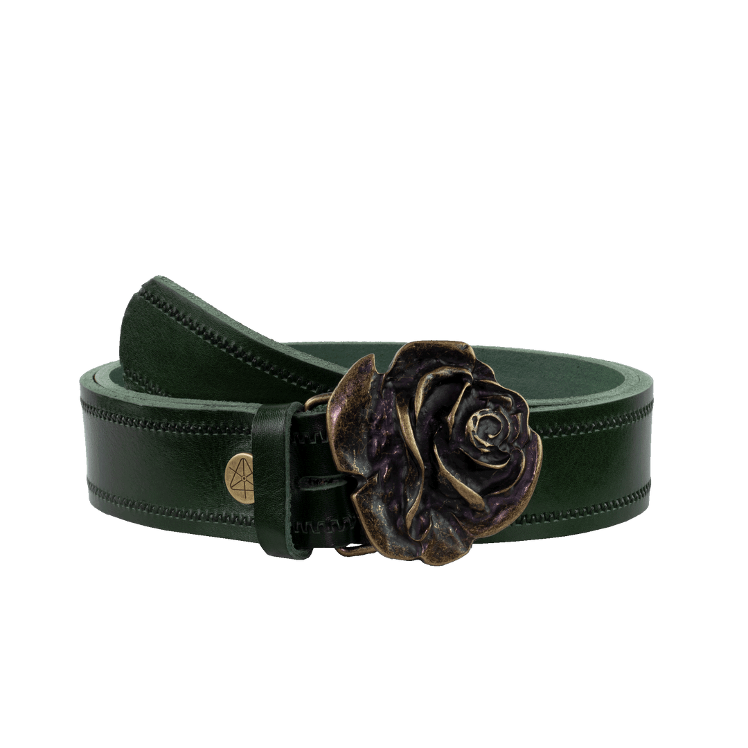 Ledergürtel 4cm mit Schnalle Rose messing grün Reißverschluss