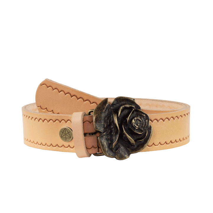 Ledergürtel 4cm mit Schnalle Rose messing natur kleine Welle