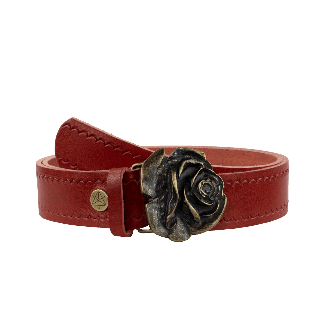 Ledergürtel 4cm mit Schnalle Rose messing rot kleine Welle