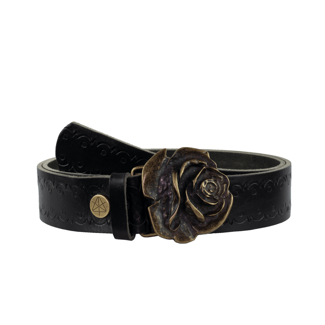 Ledergürtel 4cm mit Schnalle Rose messing schwarz Lochwelle
