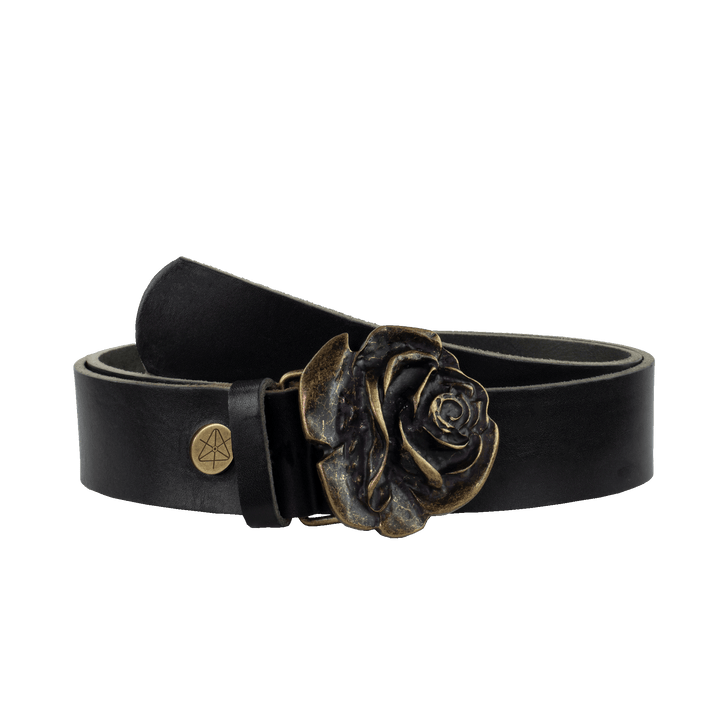 Ledergürtel 4cm mit Schnalle Rose messing schwarz ohne Muster