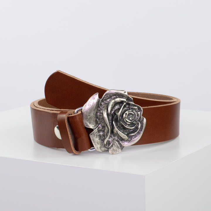 Ledergürtel 4cm mit Schnalle Rose cognac ohne Muster