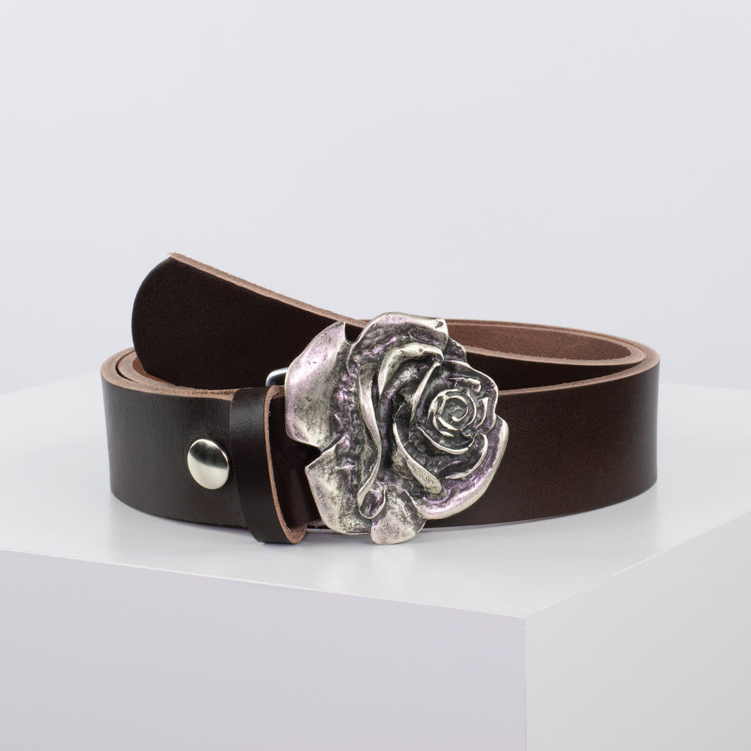 Ledergürtel 4cm mit Schnalle Rose dunkelbraun ohne Muster