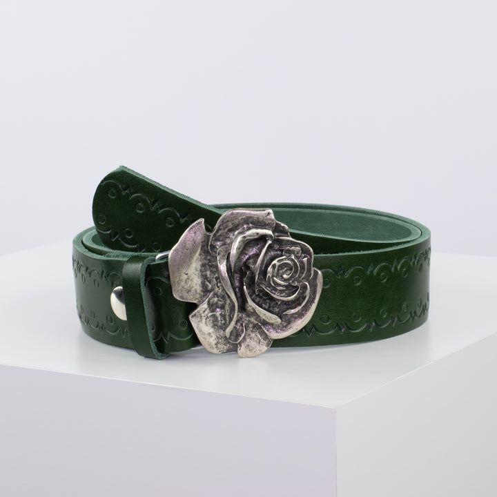 Ledergürtel 4cm mit Schnalle Rose grün Lochwelle