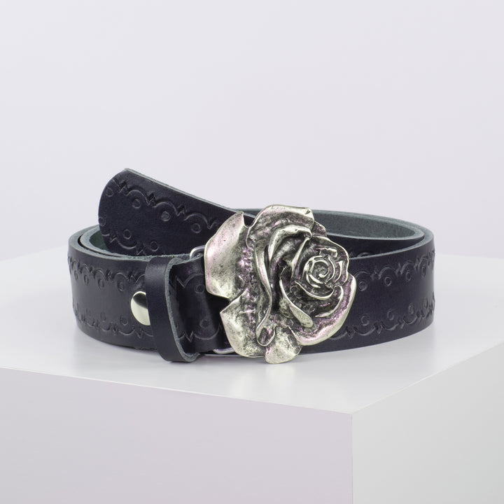 Ledergürtel 4cm mit Schnalle Rose navi Lochwelle