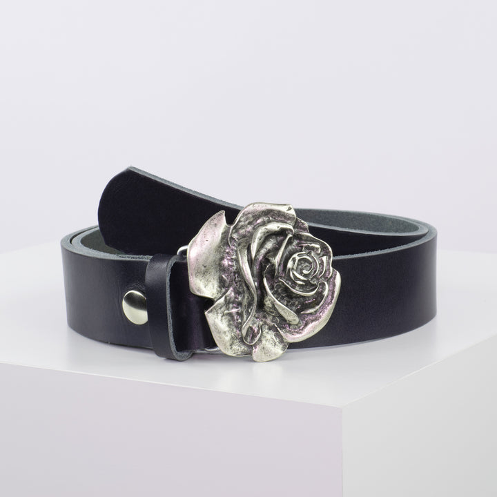 Ledergürtel 4cm mit Schnalle Rose navi ohne Muster
