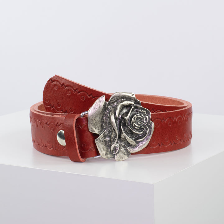 Ledergürtel 4cm mit Schnalle Rose rot Lochwelle