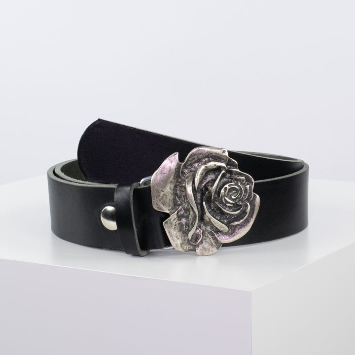 Ledergürtel 4cm mit Schnalle Rose schwarz ohne Muster