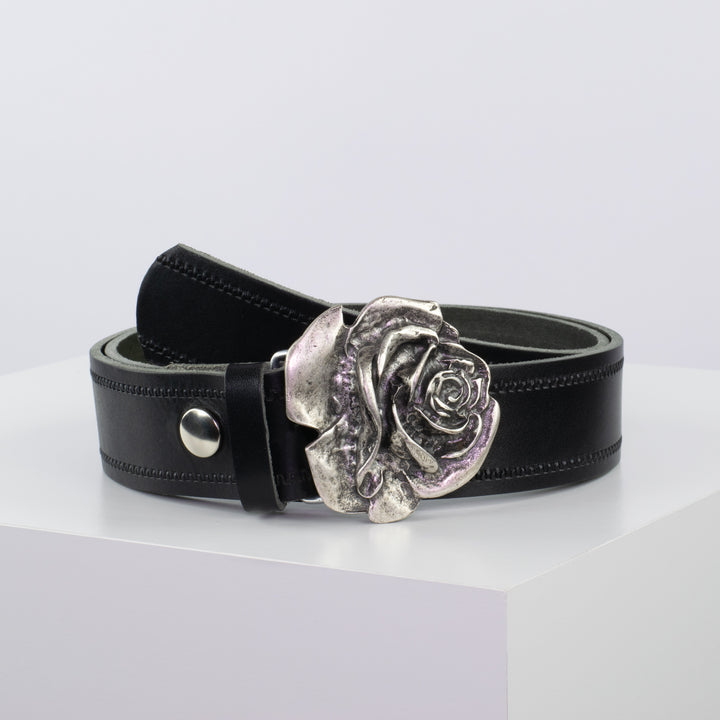Ledergürtel 4cm mit Schnalle Rose schwarz Reißverschluss
