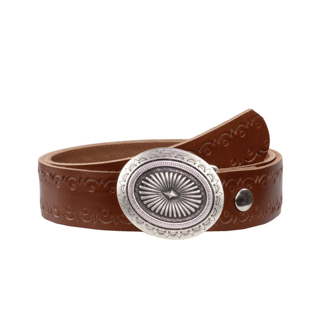 Ledergürtel 4cm mit Schnalle Floral silber cognac Lochwelle