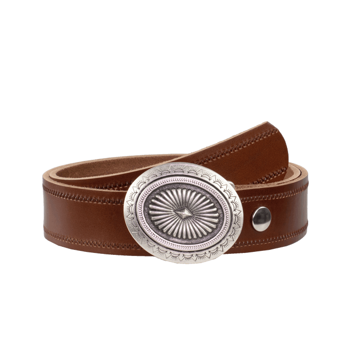 Ledergürtel 4cm mit Schnalle Floral silber cognac Reißverschluss