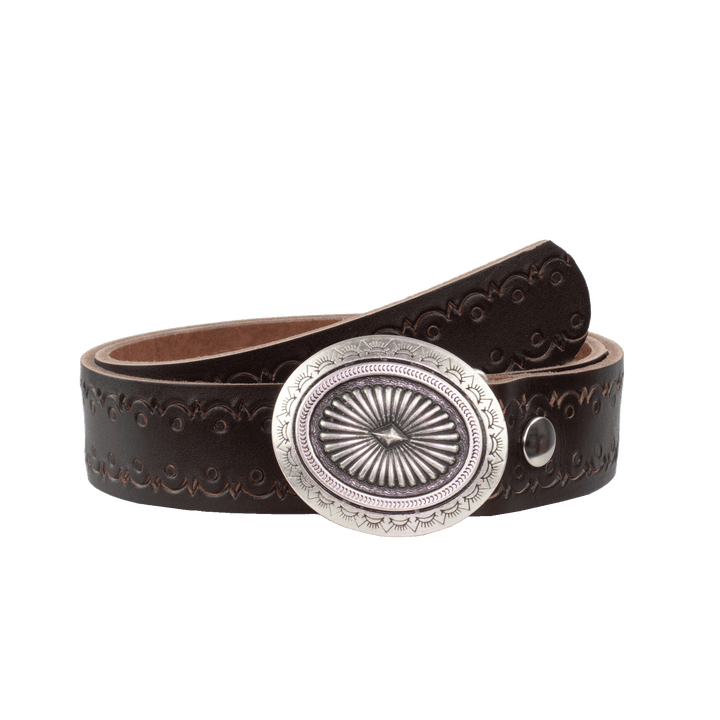 Ledergürtel 4cm mit Schnalle Floral silber dunkelbraun Lochwelle