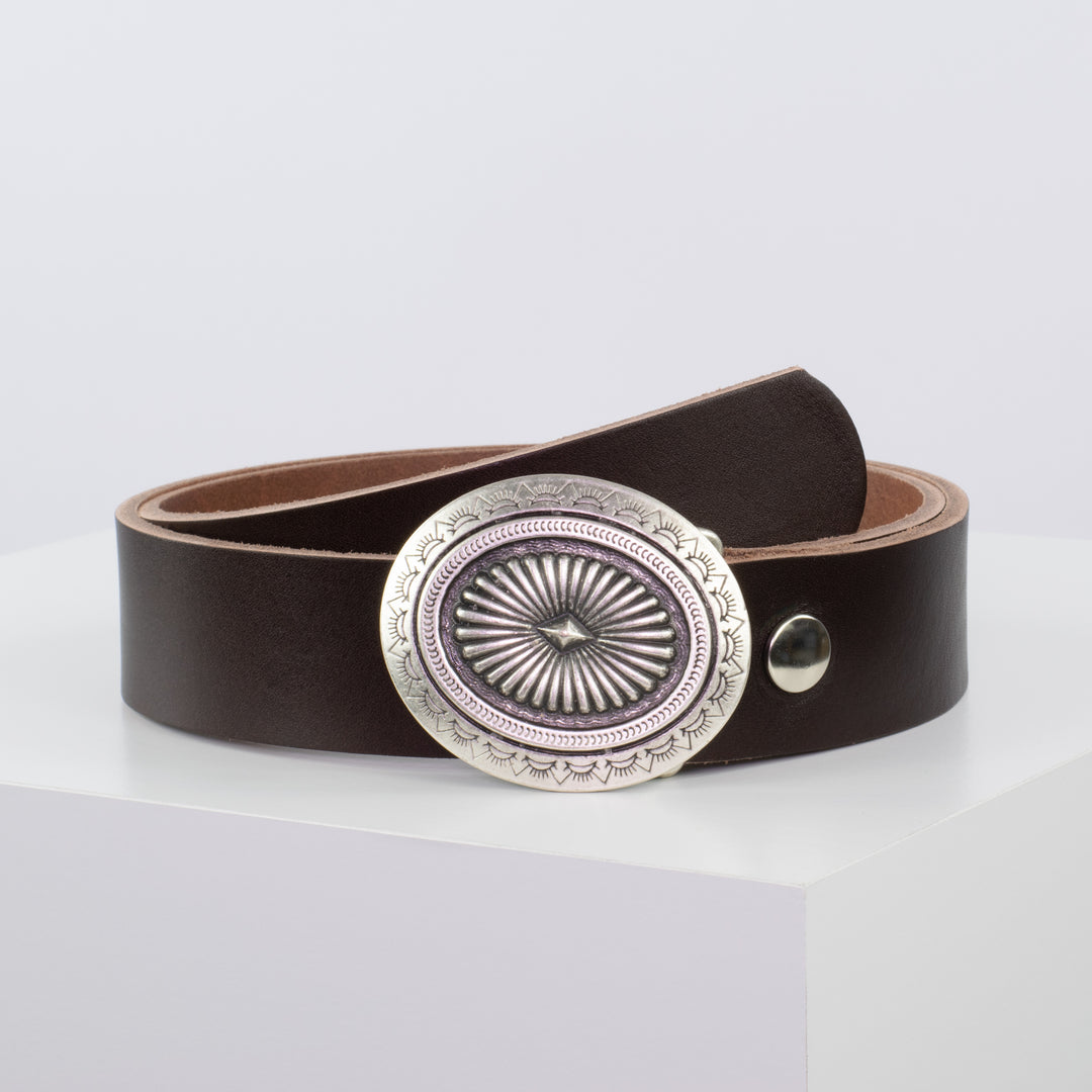 Ledergürtel 4cm mit Schnalle Floral silber dunkelbraun ohne Muster