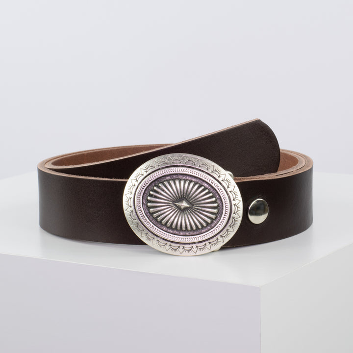 Ledergürtel 4cm mit Schnalle Floral silber dunkelbraun ohne Muster