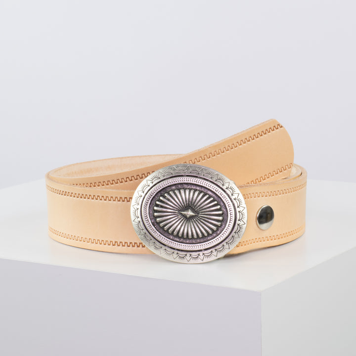 Ledergürtel 4cm mit Schnalle Floral silber natur Reißverschluss