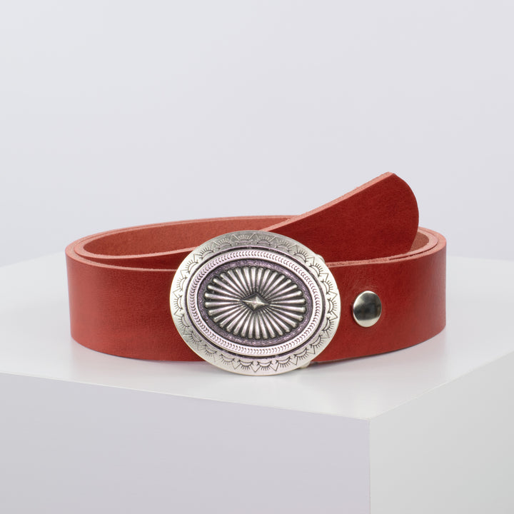 Ledergürtel 4cm mit Schnalle Floral silber rot ohne Muster