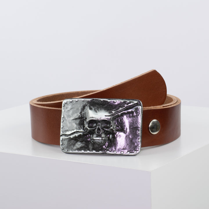 Ledergürtel 4cm mit Schnalle Totenkopf cognac ohne Muster
