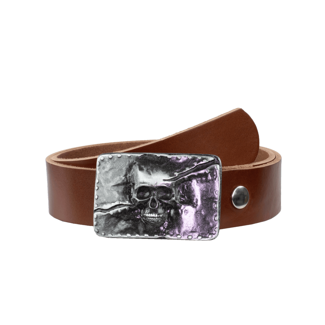 Ledergürtel 4cm mit Schnalle Totenkopf cognac ohne Muster