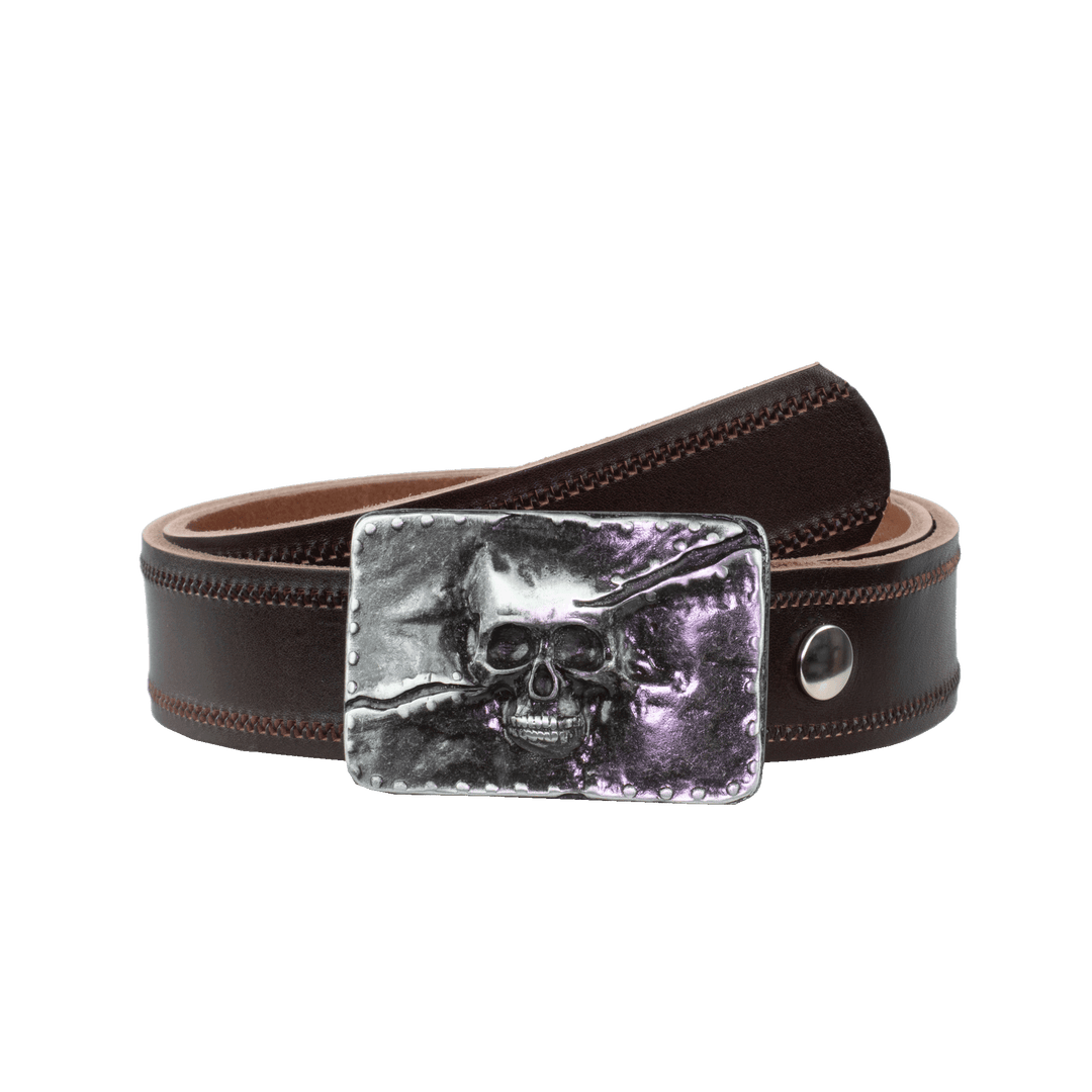 Ledergürtel 4cm mit Schnalle Totenkopf dunkelbraun Reißverschluss