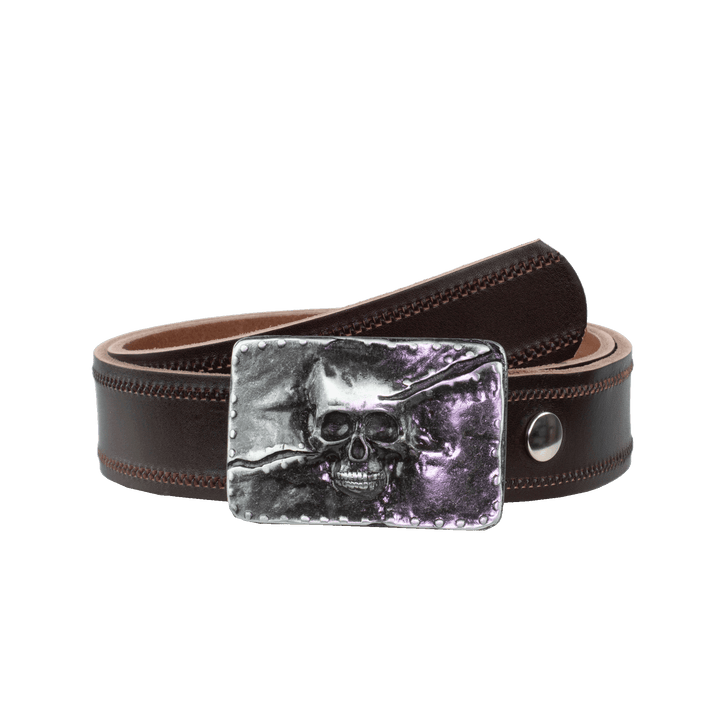 Ledergürtel 4cm mit Schnalle Totenkopf dunkelbraun Reißverschluss