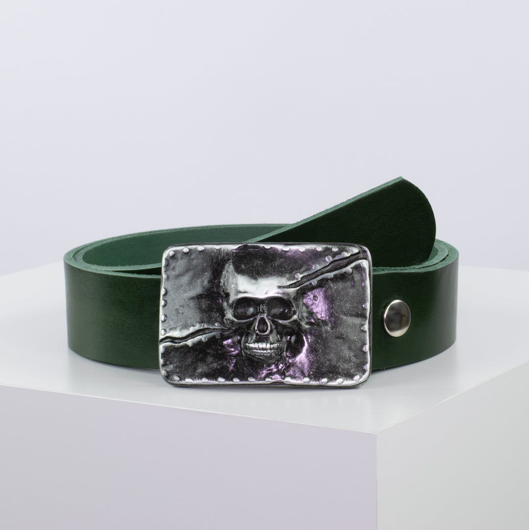 Ledergürtel 4cm mit Schnalle Totenkopf grün ohne Muster