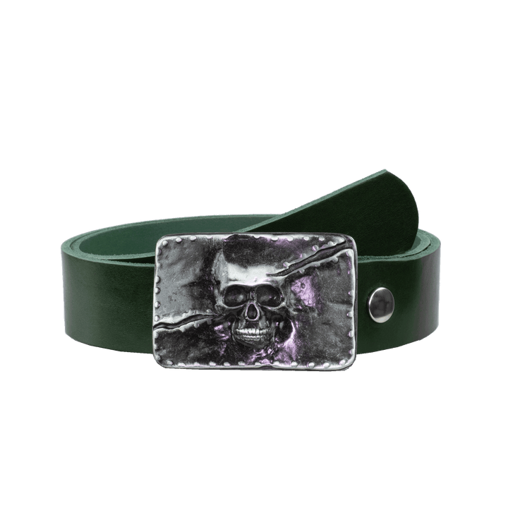 Ledergürtel 4cm mit Schnalle Totenkopf grün ohne Muster