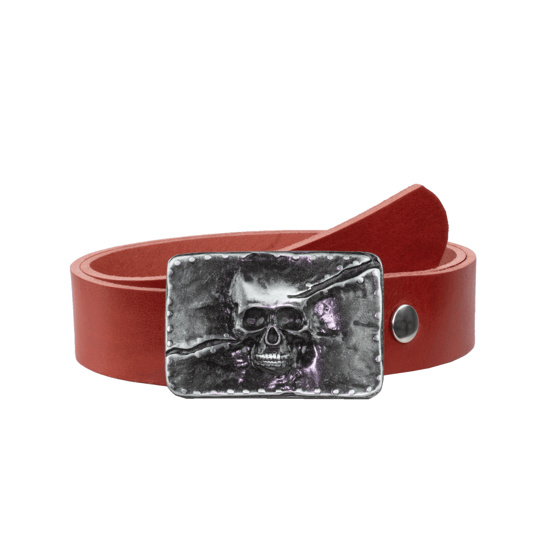 Ledergürtel 4cm mit Schnalle Totenkopf rot ohne Muster