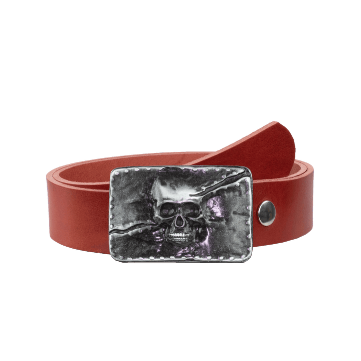 Ledergürtel 4cm mit Schnalle Totenkopf rot ohne Muster