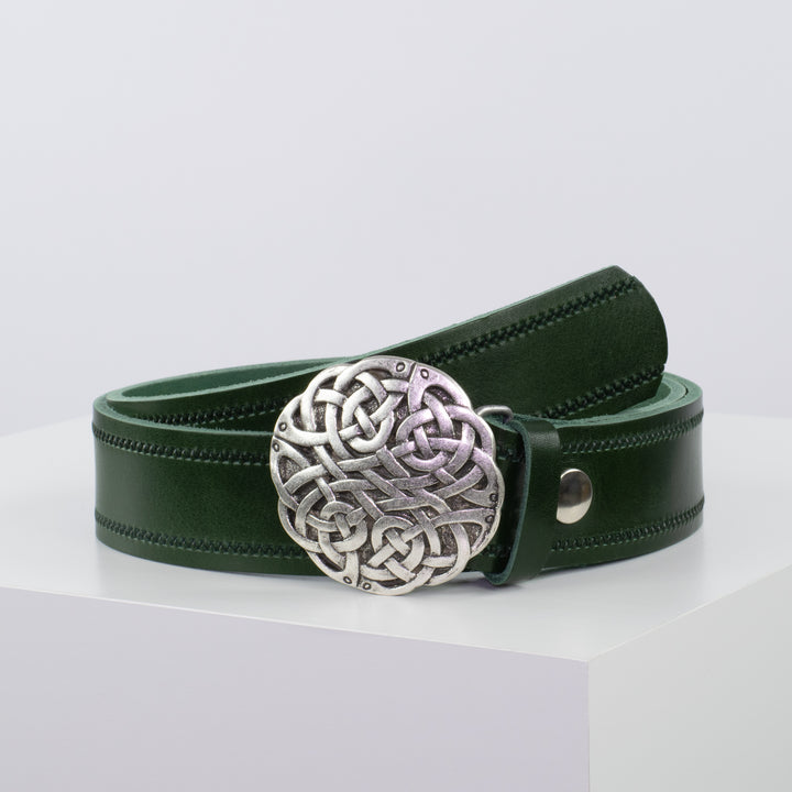 Ledergürtel 4cm mit Schnalle Gordischer Knoten grün Reißverschluss