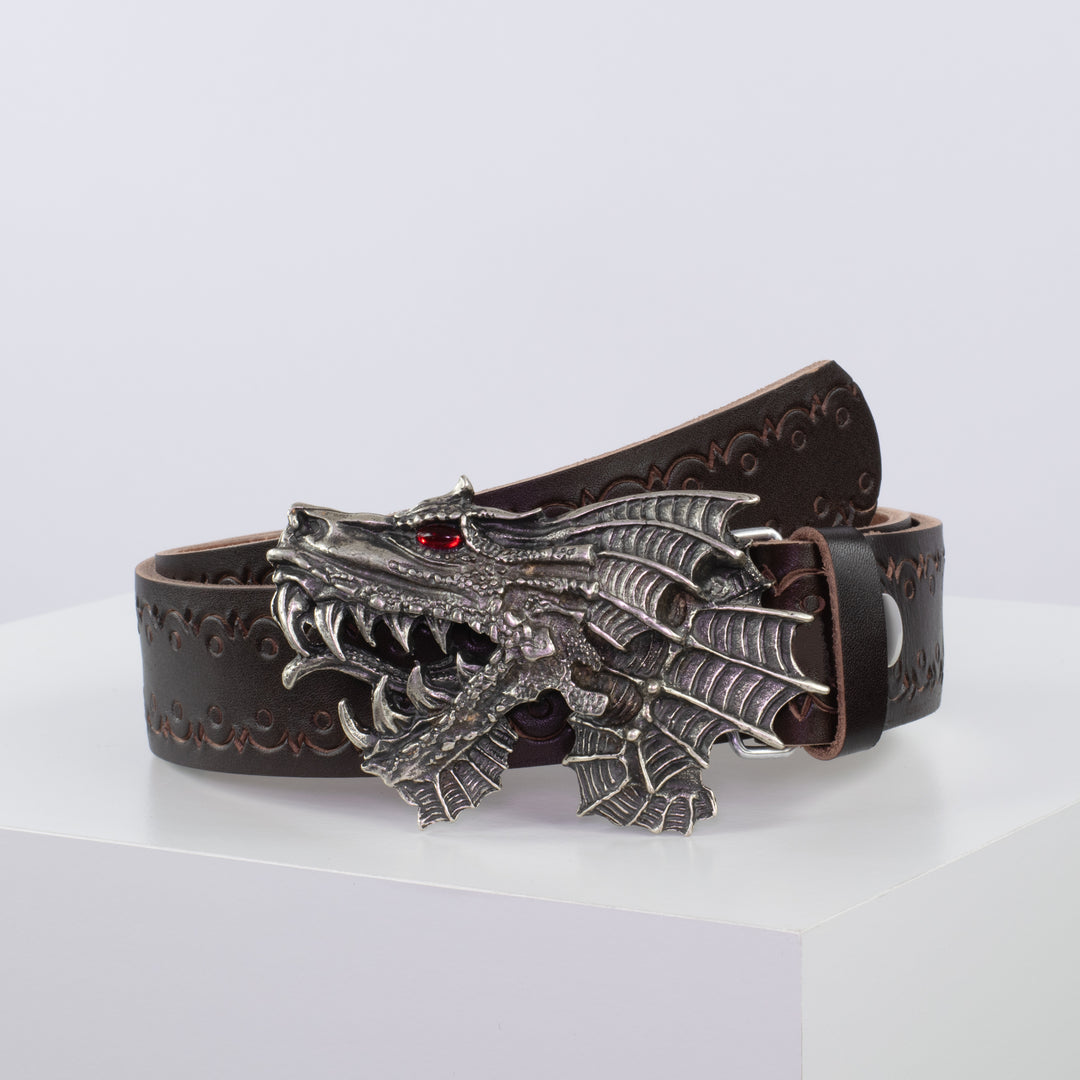 Ledergürtel 4cm mit Schnalle Drache dunkelbraun Lochwelle