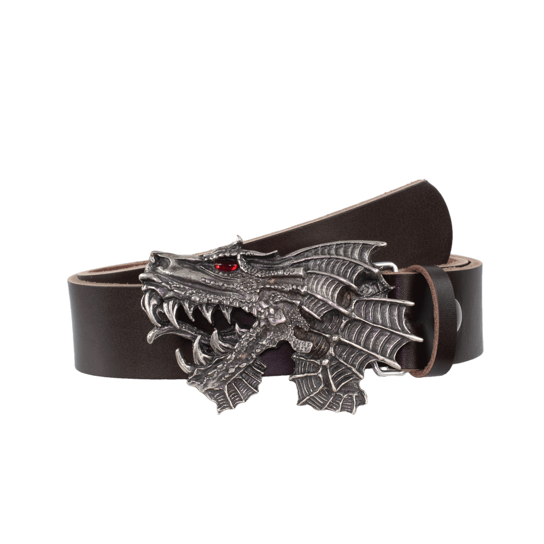 Ledergürtel 4cm mit Schnalle Drache dunkelbraun ohne Muster