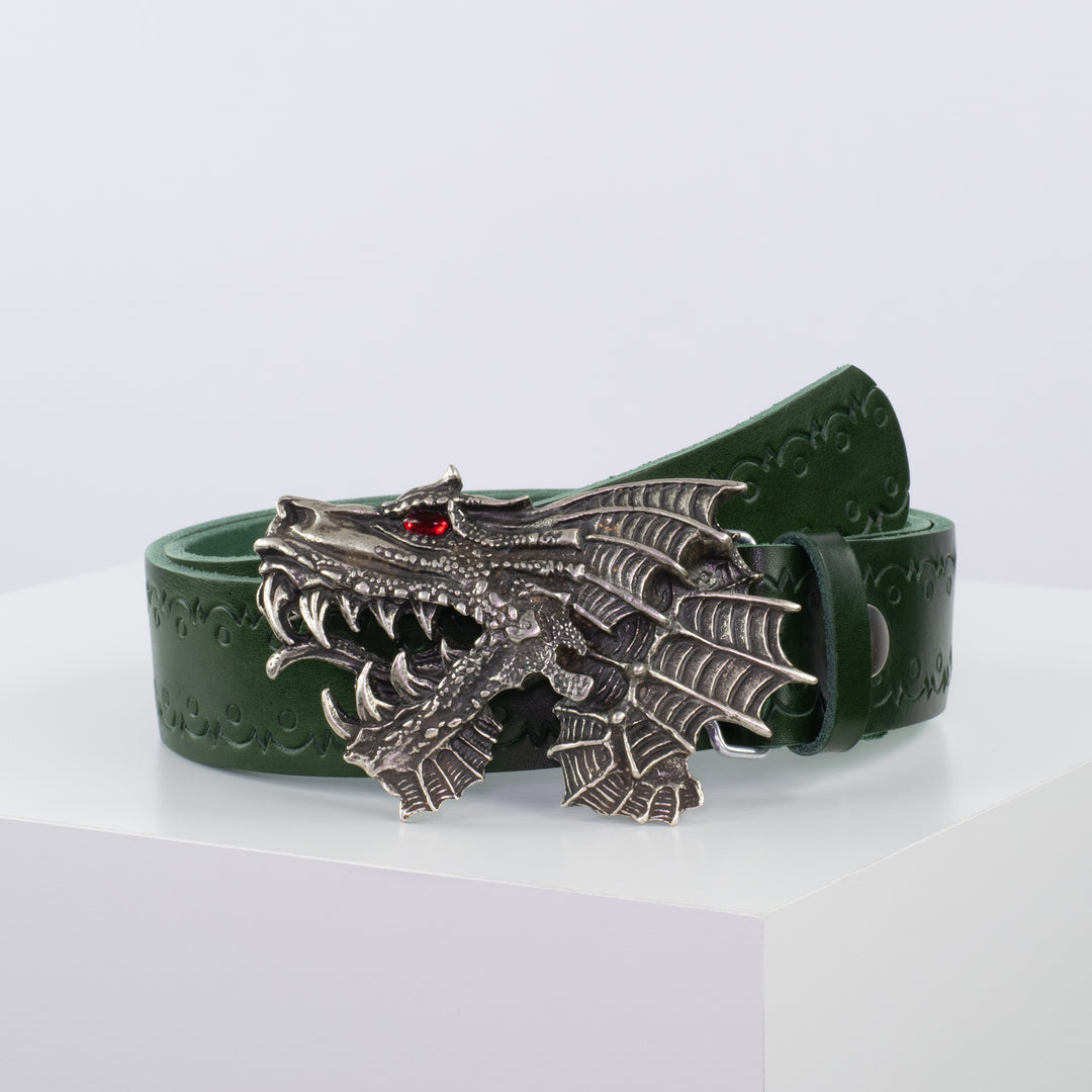 Ledergürtel 4cm mit Schnalle Drache grün Lochwelle