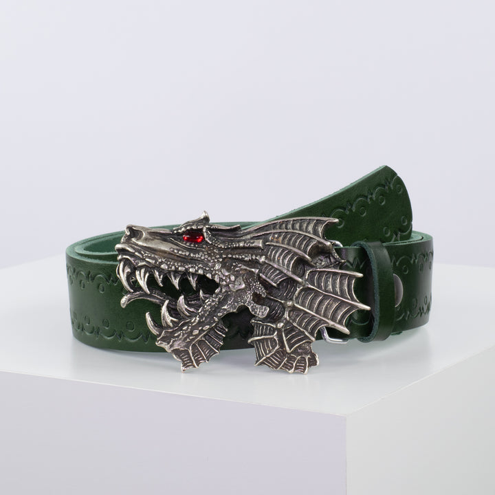 Ledergürtel 4cm mit Schnalle Drache grün Lochwelle