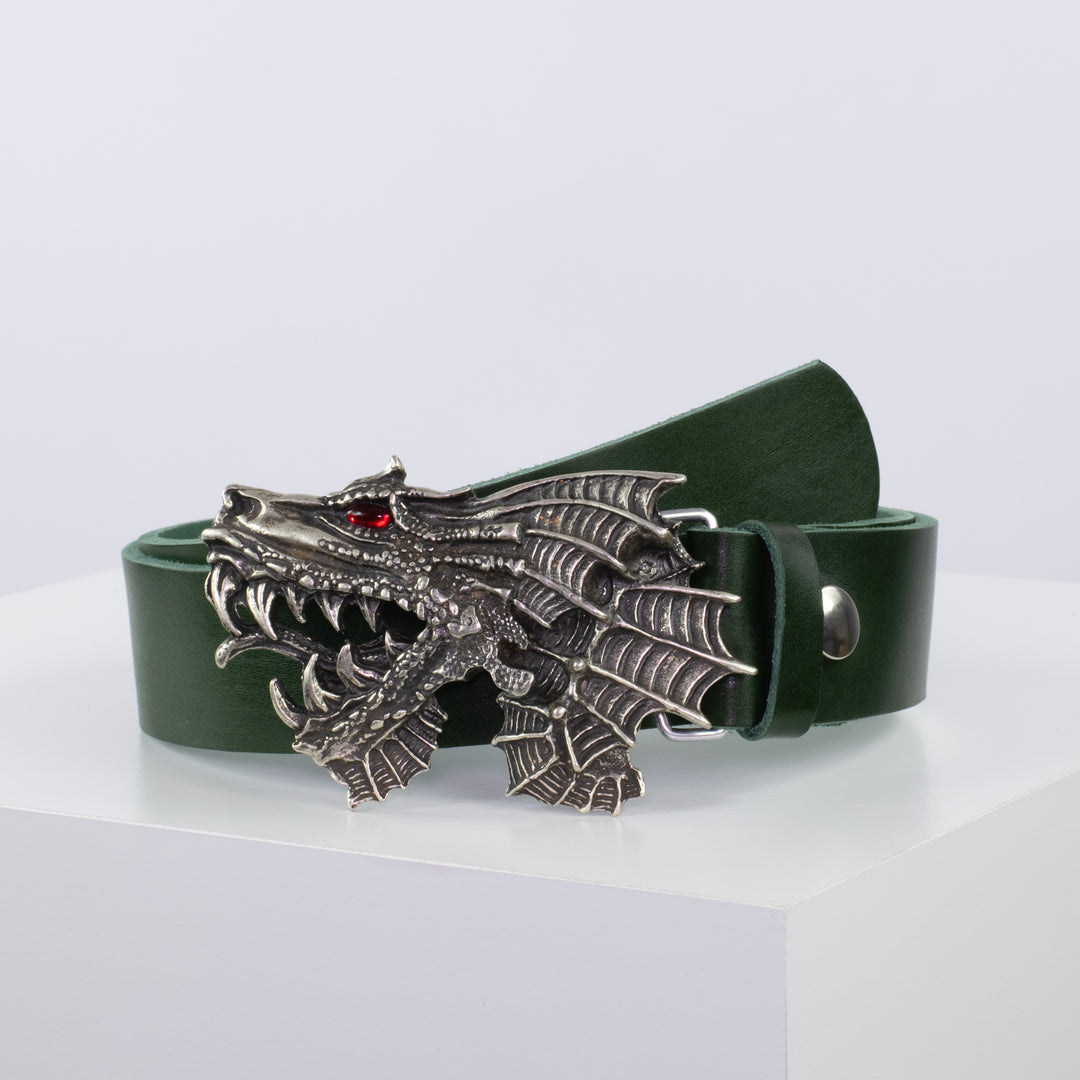 Ledergürtel 4cm mit Schnalle Drache grün ohne Muster