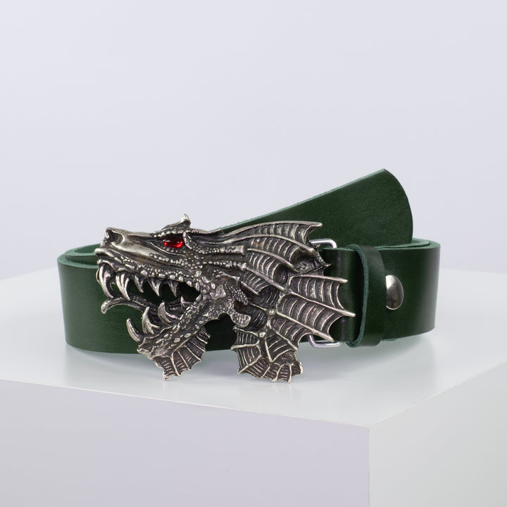 Ledergürtel 4cm mit Schnalle Drache grün ohne Muster