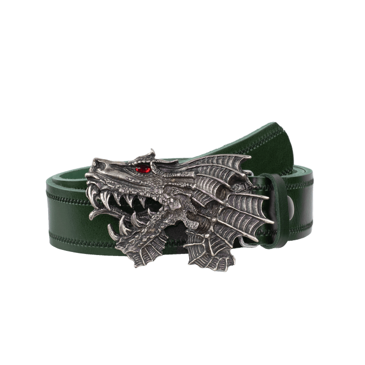 Ledergürtel 4cm mit Schnalle Drache grün Reißverschluss