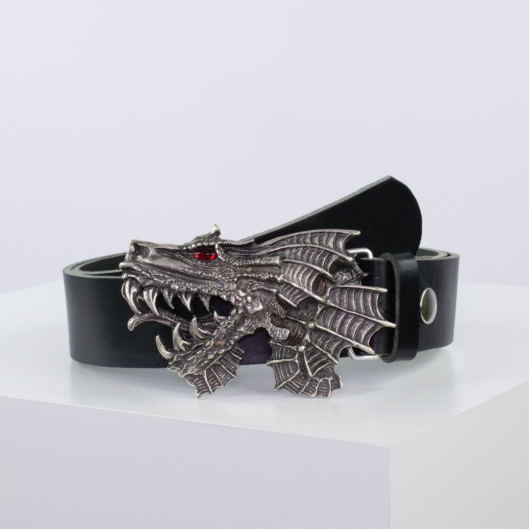 Ledergürtel 4cm mit Schnalle Drache schwarz ohne Muster