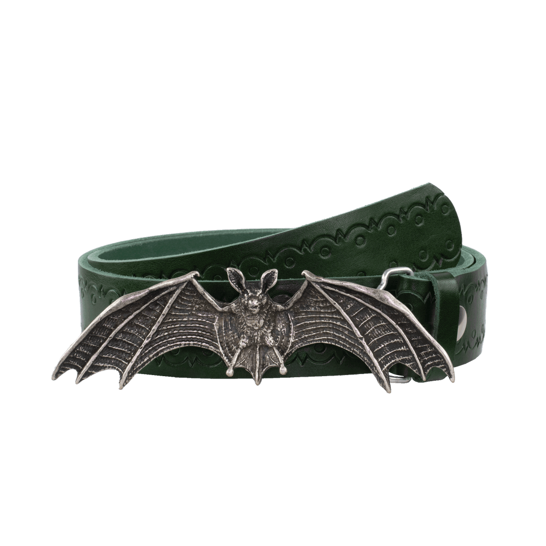 Ledergürtel 4cm mit Schnalle Fledermaus grün Lochwelle