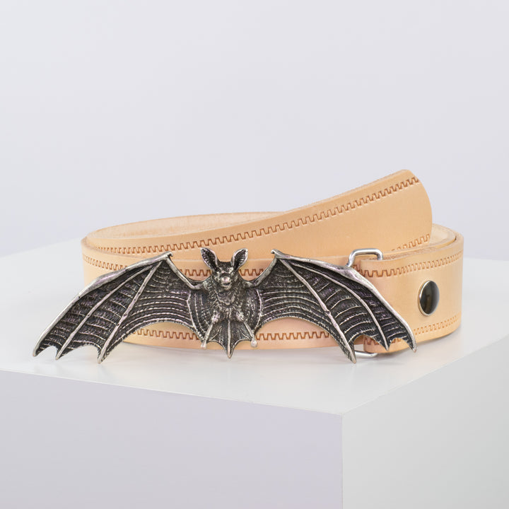 Ledergürtel 4cm mit Schnalle Fledermaus natur Reißverschluss