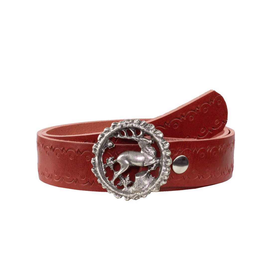 Ledergürtel 4cm mit Schnalle Hirsch rot Lochwelle