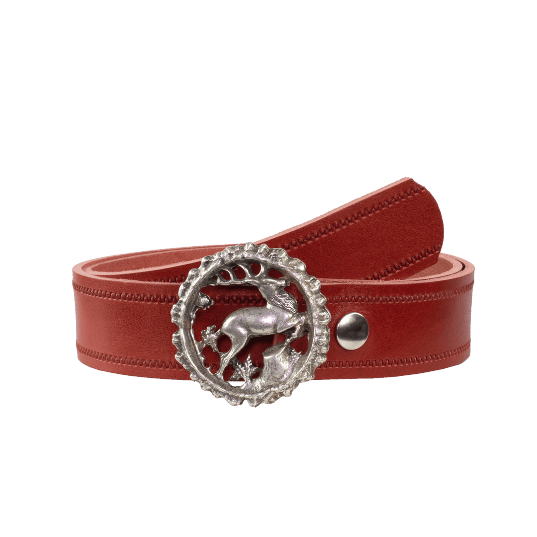 Ledergürtel 4cm mit Schnalle Hirsch rot Reißverschluss