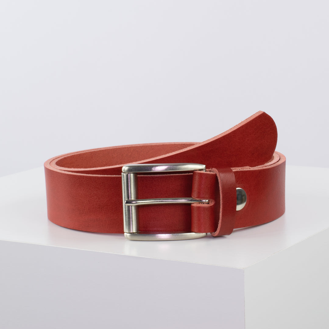 Ledergürtel 4cm mit Schnalle Amsterdam silber glänzend rot ohne Muster